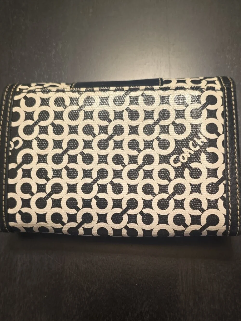 COACH Black and White Signature Patent-Trim Wallet